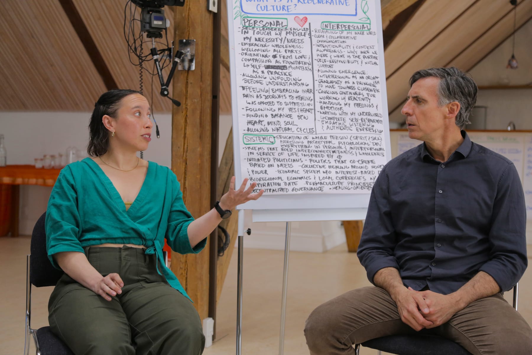 Two people in conversation beside a flipchart during a Regenera session